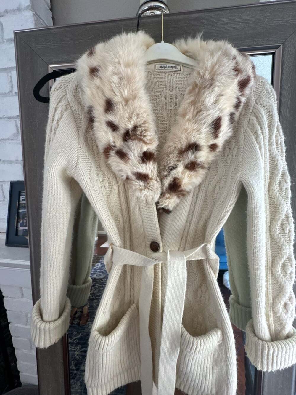 Joseph Magnin Vintage Cable Knit Cardigan with Faux Fur Collar